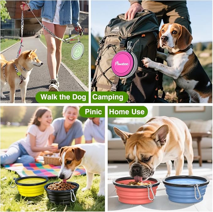 Pawaboo Collapsible Travel Dog Bowls 2 Pack with Lids&Carabiners Silicone | Feeding Watering Bowls for Dogs Cats, Collapsable Water Feeder Food Bowl for Walking Traveling Home Use, Pink + Green