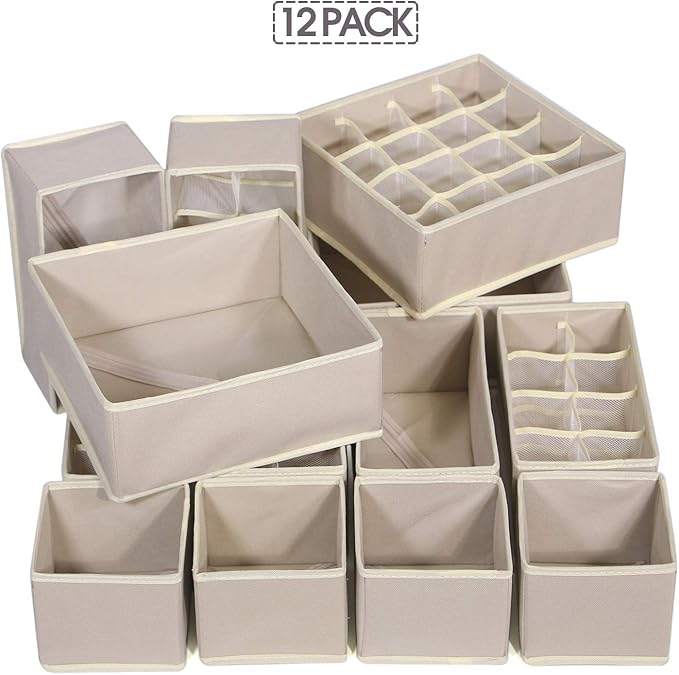 TENABORT 12 Pack Foldable Drawer Organizer Dividers Cloth Storage Box Closet Dresser Organizer Cube Fabric Containers Basket Bins for Underwear Bras Socks Panties Lingeries Nursery Baby Clothes Beige