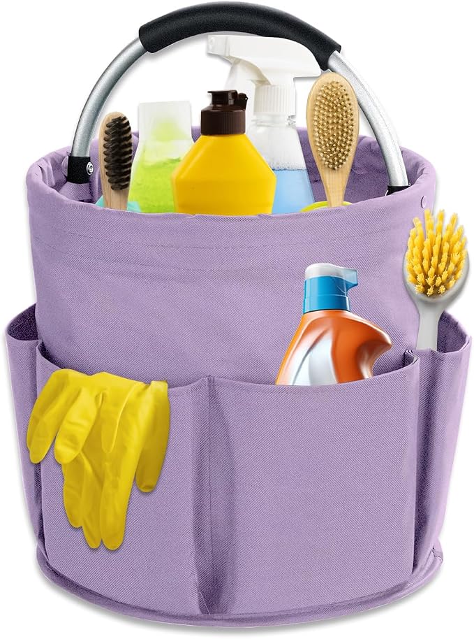 17L Cleaning Caddy with Handle, Cleaning Supplies Organizer, Foldable Storage Basket, Cleaning Supply Caddy, Portable Multi Cleaning Bucket Bag for Home, Garden (Purple)