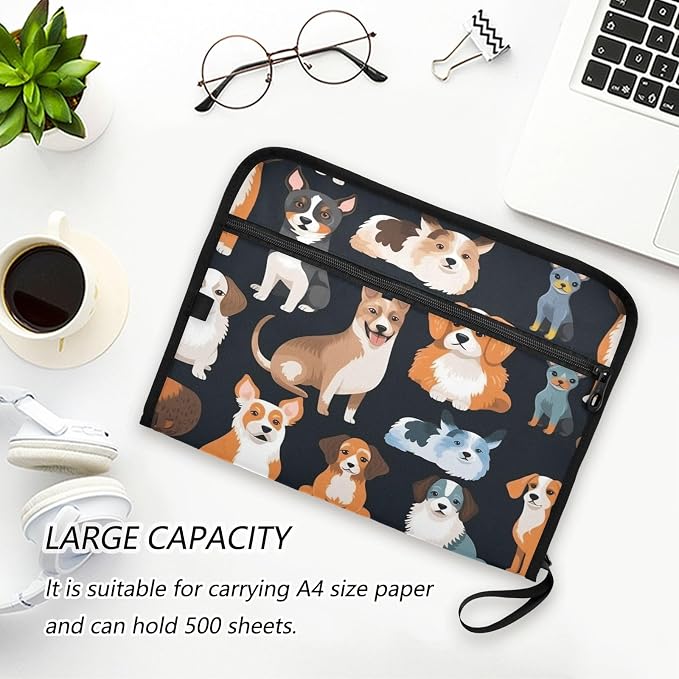 Animal Dog 13 Pocket File Organizer Expanding File Folder with Front Pouch Portable Business Fire Storage Document Organizer Folder with Zipper