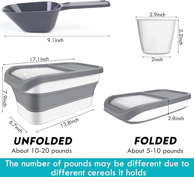 Pet Food Storage Containers, Collapsible Cat Food Container with Transparent Sliding Lid,10-13 lb Plastic Dog Food Bin with Measuring Cup and Dog Food Scoop