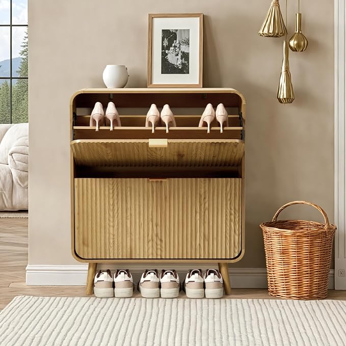 31.5" Fluted Shoe Cabinet with 2 Flip Drawers, Slim Freestanding Shoe Cabinet Organizer, Narrow Shoes Storage Rack for Entryway, Walnut