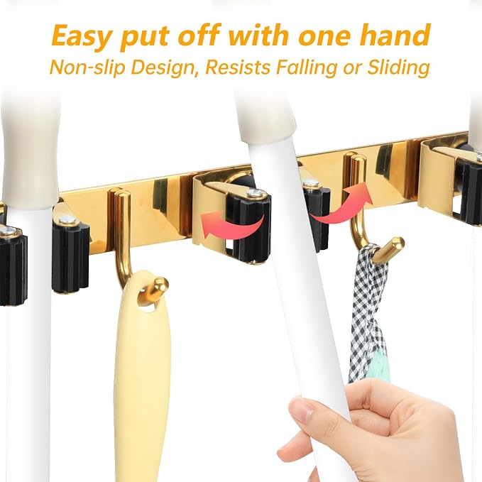 3 Racks and 4 Heavy Duty Hooks Mop and Broom Holder Wall Mount, Non-slip Organizer Storage Utility Tool Racks for Garage,Kitchen,Laundry Room,Garden. Gold
