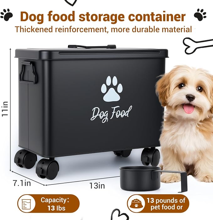 Dog Food Container 13lb, Cute Pet Food Storage with Metal Lid Scoop | Black Metal Storage Bin for Dog/Cat with Wheels,Easy to Move, Need to install
