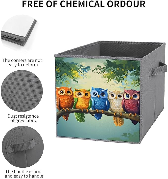 Owl Foldable Storage Bins, 10.6" Cube Storage Organizer, Sturdy Oxford Cloth Fabric Baskets for Closet, Shelf, Nursery, Bedroom, Decorative Printed Box for Toys & Clothes