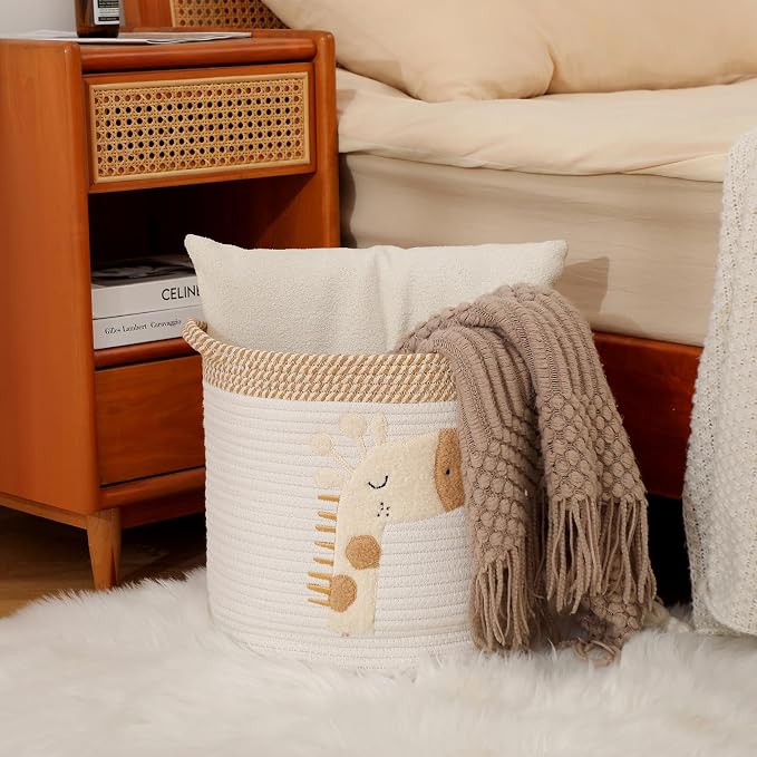 Toy Storage Baskets Woven Cotton Rope Storage Basket for Kids, Blanket Baskets for Living Room Toys Organizer with Embroidery Decor, Cute Baskets with Handle for Nursery, Playroom (Giraffe)