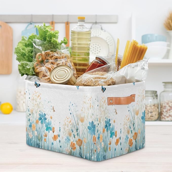 Watercolor Flower Butterfly Rectangular Storage Bin Collapsible Storage Basket Organizer Boxes with Leather Handle Storage Cube for Shelves Toy Laundry Nursery 2 PC