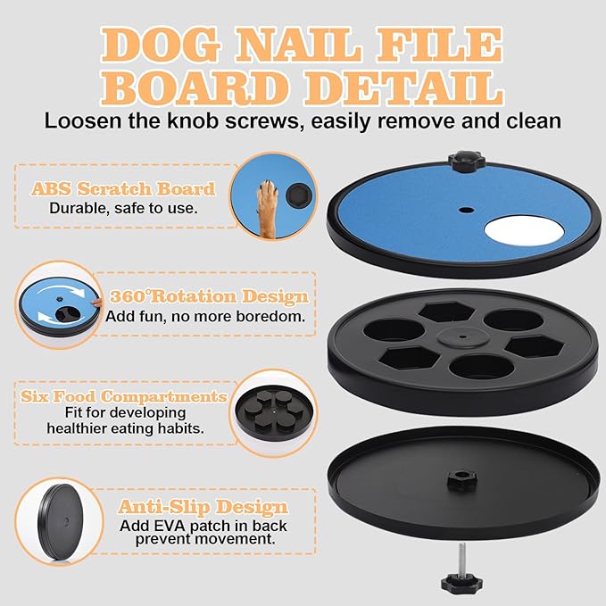 3 in 1 Rotatable Dog Scratch Board with Food Storage Compartment Box Round Stress-Free Scratch Pad ABS Nail Grinder Claw Care Dog Claw Grinder Board (Blue)