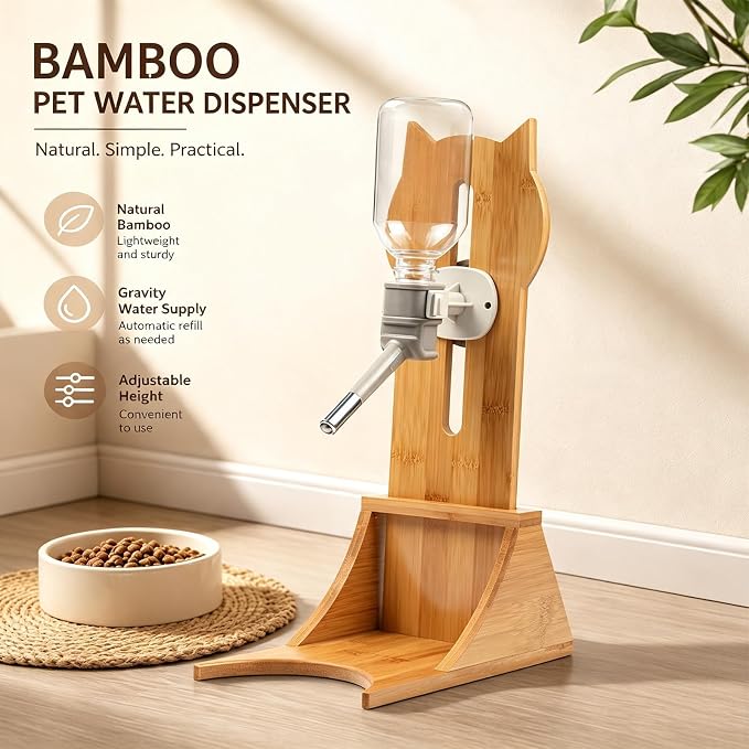 Bamboo Pet Water Bottle Stand, Adjustable Hanging Dog Cat Dispenser