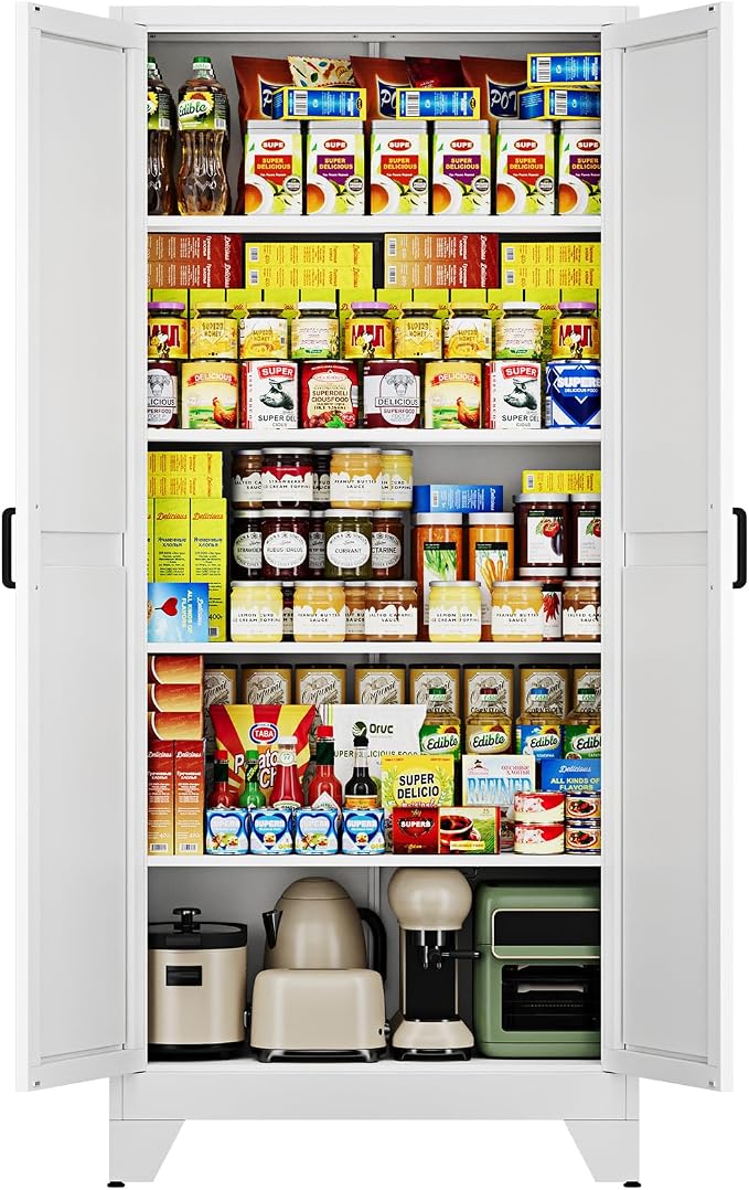 75" H Metal Storage Cabinet with 2 Doors and 4 Shelves,Tall Kitchen Pantry Cabinets,Farmhouse Utility Pantry Organizers for Cupboard/Dining/Bathroom/Home Office/Garage,White
