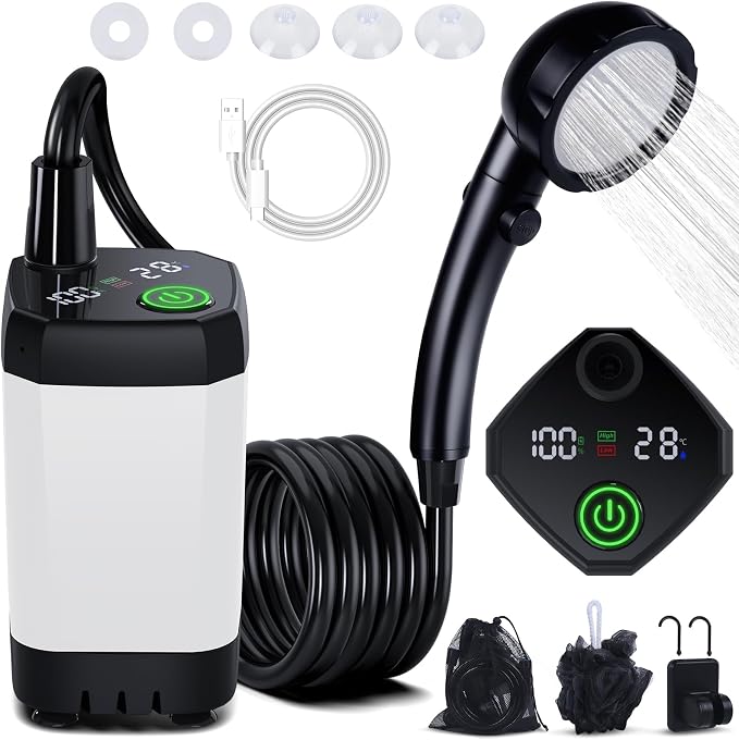 Portable Shower for Camping, [Long-Lasting] 6000mAh Rechargeable | Camping Shower with Intelligent LED Display, 4 Spray Modes, IPX7 Waterproof Outdoor Camp Pump for Hiking, Travel, Car, Pet