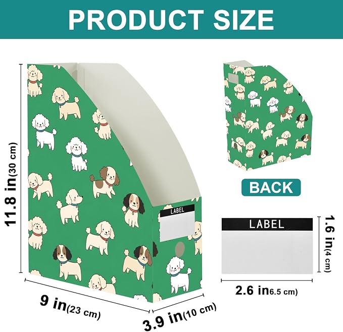 SPRIPORT Cute Pet Dogs Green Print Water Resistant PP Magazine File Holder Organizer for Desk, Foldable Storage Rack for Office School Library Document Sorter with Labels 23x30x10cm (3 Pack)