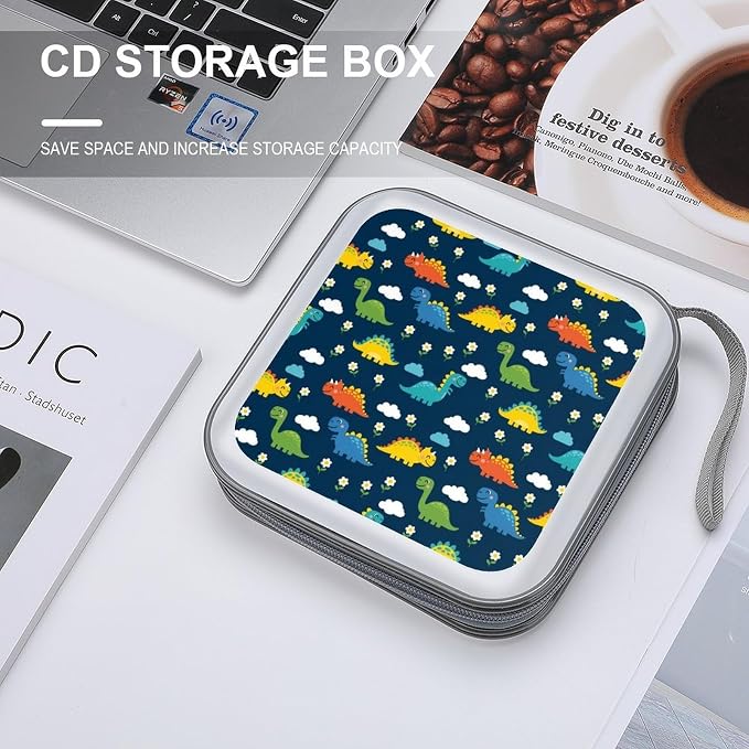 40-Disc Capacity CD/DVD Case Dinosaur, Hard Plastic Protective Storage Binder with Zipper, Portable Organizer for Car Home Office