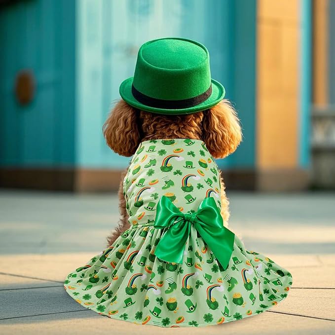 St. Patrick's Day Dog Costume Dress M – Lucky Clover and Horseshoe Design with Green Bow, Pet Outfit for 8-9 lbs Dogs and Cats, Holiday Party Clothes