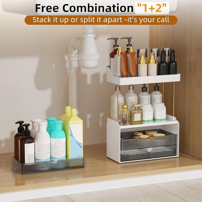 StorBin Arcylic 5-Tier Makeup & Skincare Organizer for Vanity, Bath | Smooth 3 drawers, clear body, gold frame, non-slip, for perfumes, serums, face masks, palettes, vanity & bath counter,Grey