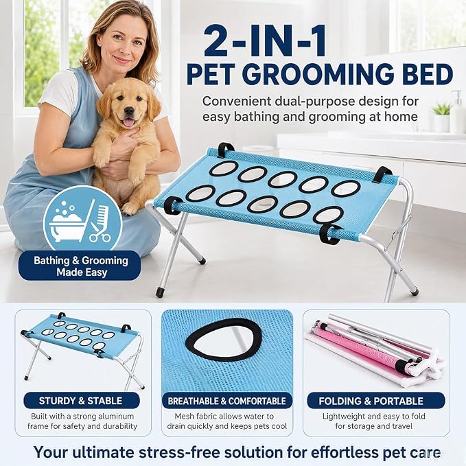 Dog Grooming Hammock, 2-in-1 Foldable Pet Bathing Bed with Stand，Blue | Pet Grooming Hammock, Dog Bath & Paw Wash Sling for Small Large Dogs, Nail Trimming, Shower Hammock, Foldable Stand