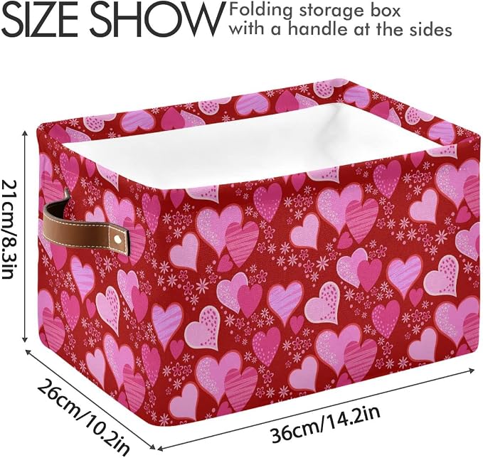 Pink Red Love Heart Storage Basket Fabric Laundry Baskets Happy Valentine's Day Storage Boxes Organizer Bag for Baby Cloth Dog Toy Book Storage Cubes Shelf Closet Bins 16×12×8 Inches