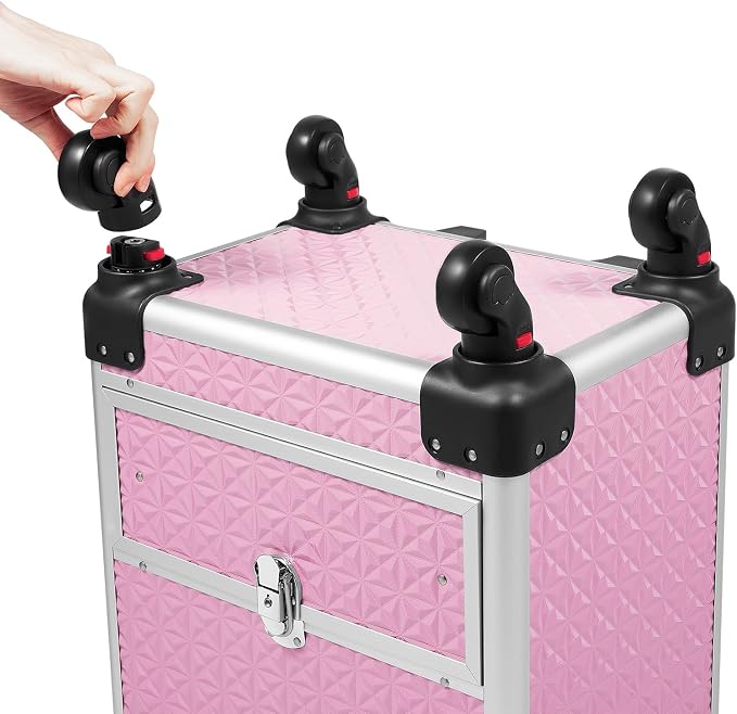 Rolling Makeup Train Case with 7 Compartments & Drawer, Large Storage Professional Aluminum Alloy Mobile Organizer on Wheels for Hairstylists, Makeup Artists, Pet Groomers (pink)