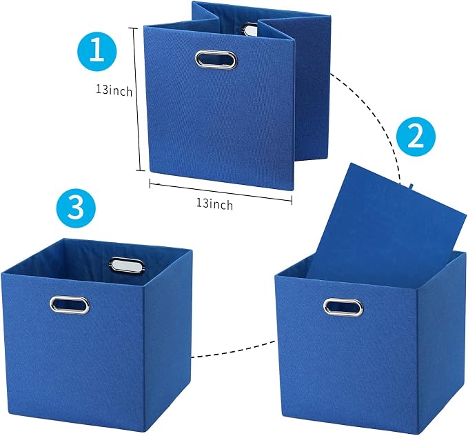 13x13x13 Inch Foldable Cube Storage Bins with Metal Handles, 4 Pack | Navy Blue fabric organizer boxes|for closet, shelf, bookcase and bedroom|fold flat when unused
