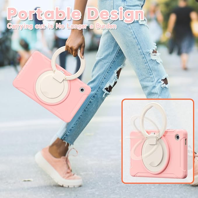 Heavy Duty Shockproof Case for Samsung Galaxy Tab A11 8.7 Inch 2025 (Model: SM-X133/X135/X135F) - with 360° Rotating Stand Handle, Built-in Screen Protector,Kid-Friendly Protective Cover (Pink)