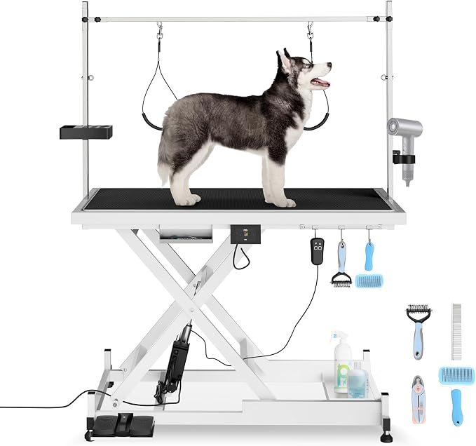Electric Lift Pet Dog Grooming Table, Upgrade 50 Inch Heavy Duty 9'' -36'' Adjustable Height Professional Pet Grooming Table with Tool Organizer, Adjustable Overhead Arm for Large Dogs at Home, White