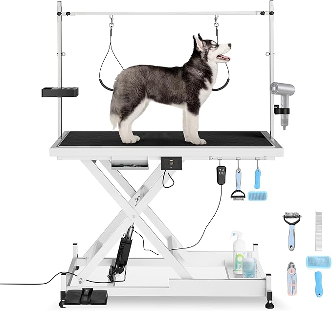 50 Inch Update Electric Dog Grooming Table with Tool Organizer, Heavy Duty Height Adjustable Collapsible Extra Large Pet Grooming Table with Overhead Arms, Two Nooses & Anti Slip Tabletop, White