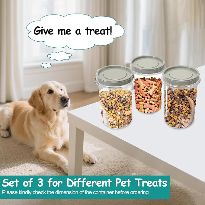 3 Pack Dog Treat Container, Small Airtight Cat Pet Treat Food Container Set | Reusable Plastic Dog Cat Treat Holder with Lid, Cute Pet Treat Cookie Food Storage Container Set for Dogs, Cats, Grey Green