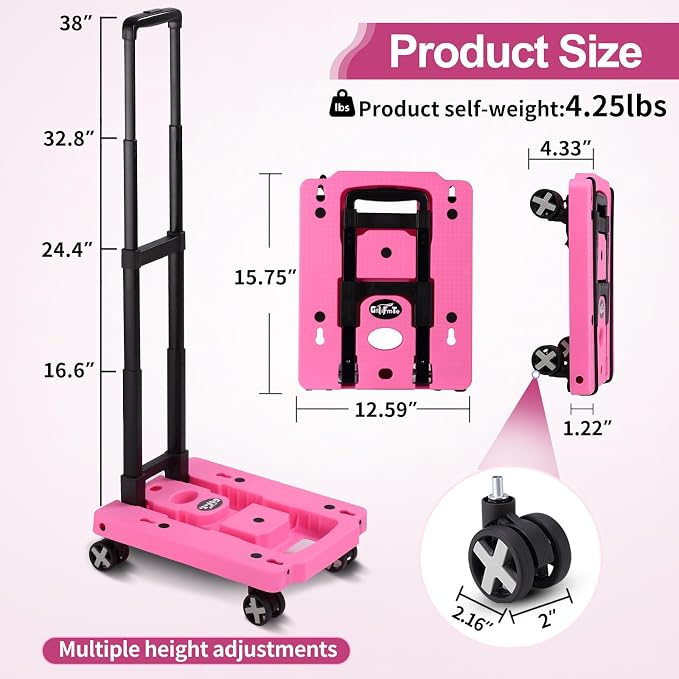 GtIiFmTe Foldable Hand Truck, Lightweight Luggage Cart for Airport Car Seat | Compact Folding dolly with Rotating swivel wheel,storage size12×15.7×4.1",300lbs Load,Upright Lock Handle with 3bungee cords