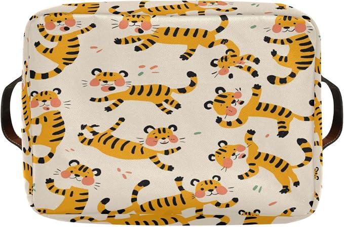 Cute Tigers Storage Basket with Handles Collapsible Canvas Storage Bin Toy Decorative Basket Closet Organizer for Nursery Bedroom Home