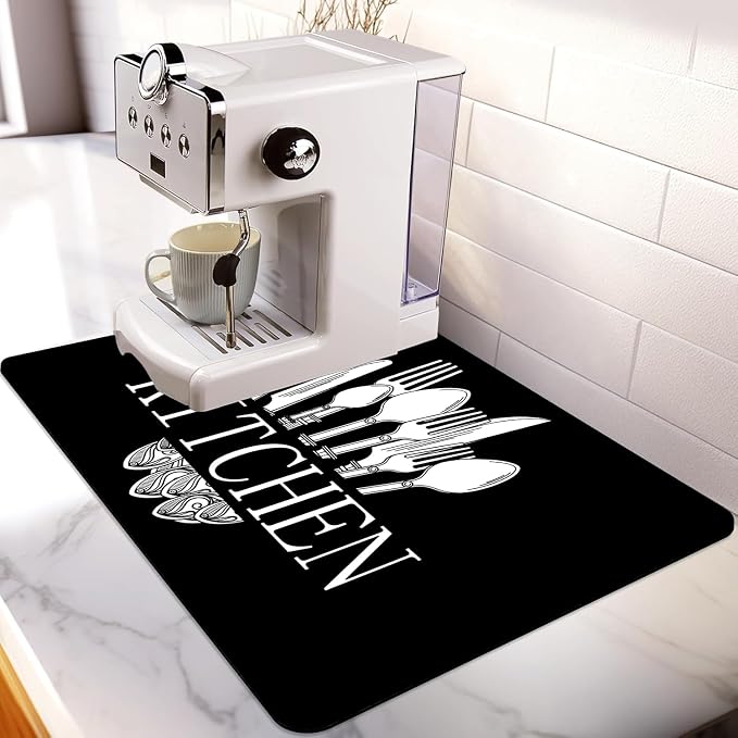 Dish Drying Mat For Kitchen Counter, 12"X20" Absorbent Coffee Bar Mat With Black Knife Fork Spoon Pattern Dish Drainer Rack Mat For Kitchen Counter (black, 12"X20")