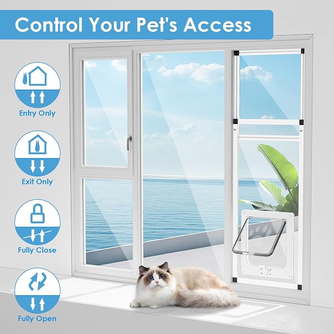 Vertical Cat Door for Window, Fits 31"-42" Height Window, 1-Min Install | Aluminum Frame + HD Glass | Weatherproof Design | Magnetic Closure Window Cat Door Insert, Adjustable Pet Door Window for Cats