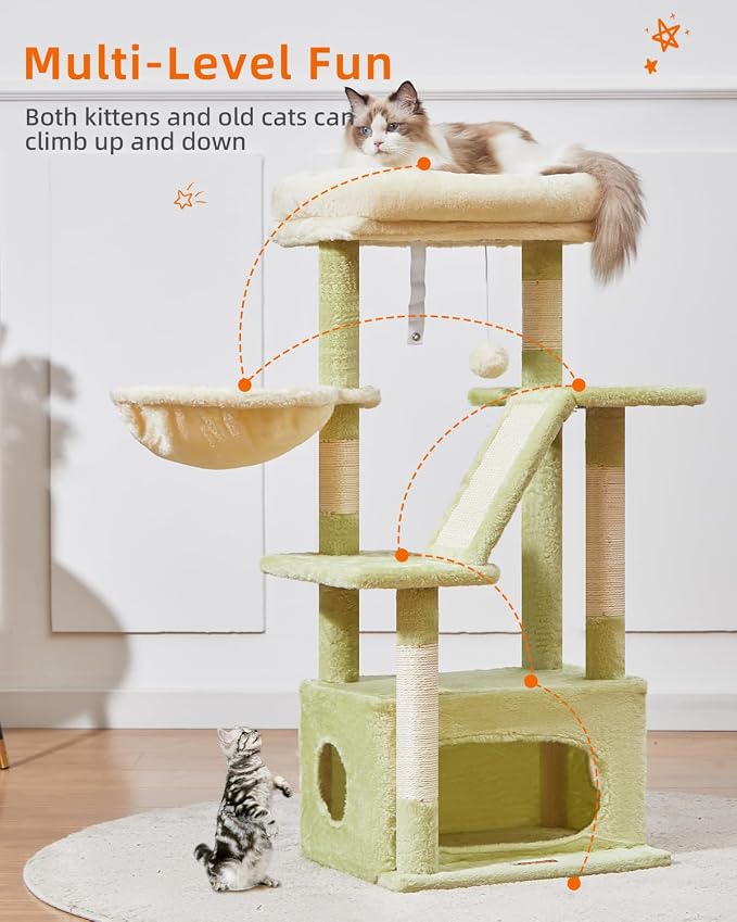 Taoqimiao Cat Tree, 38.5In Cat Tower for Indoor Cats, Suitable for Kittens | Thick Padded Top Perch, Luxurious Cat Condo, Adjustable Basket, 1-Piece Ramp Scratcher, 3 Sisal Posts, Green & Beige MS029SGB