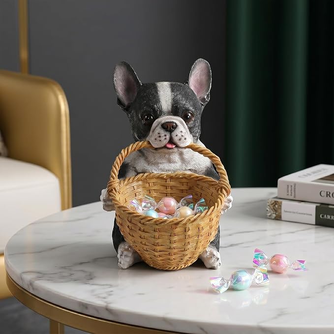 Black and White French Bulldog Key Bowl for Entryway Table, Funny Dog Candy Dish for Office Desk, Decorative Woven Basket & Unique Catchall Bowl for Keys, Small Baskets for Organizing