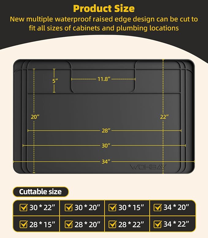 Under Sink Mats for Kitchen Waterproof 34"x22",Black | Cut to Fit Design for Various Sizes, Leak-Proof Cabinet Protection,Durable Silicone Material,Versatile Home Use