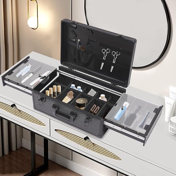 Barber Case, Professional Barber Organizer Case, Clipper Storage Suitcase, Aluminum Hard Shell Tool Box, Dustproof Clear Cap, Hair Stylist Pet Grooming Salon Travel Kit Organizer 17.13