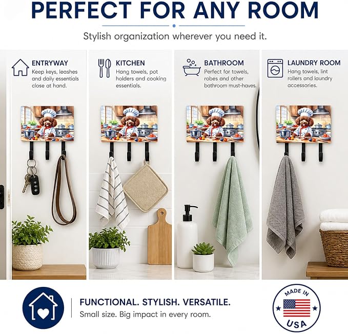 Caroline's Treasures Chocolate Poodle The Chef Leash or Key Holder Wall Hooks, Key Hooks Holder, Coat Rack Wall Mount, Coat Hooks, Hooks for Hanging Keys, Towels, Aprons, Leashes | Chocolate Poodle The Chef artwork on ceramic tile with three steel hook...
