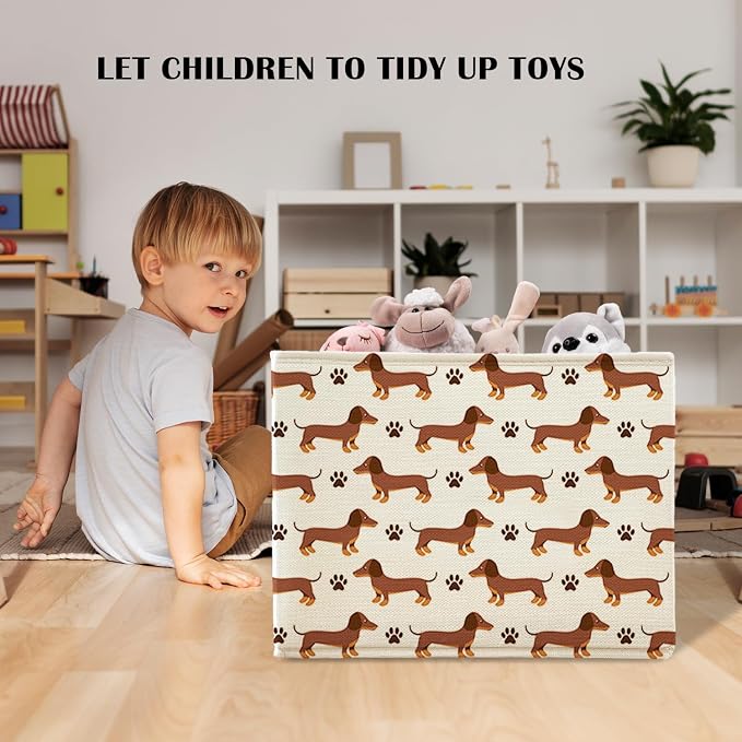 Funny Dachshund Dog Storage Basket Bins With Handles for Girls Kids, Funny Weiner Dog Foldable Organizer Basket Toybox for Girls Room Nursery Bedroom Bathroom Clothes Toys Books