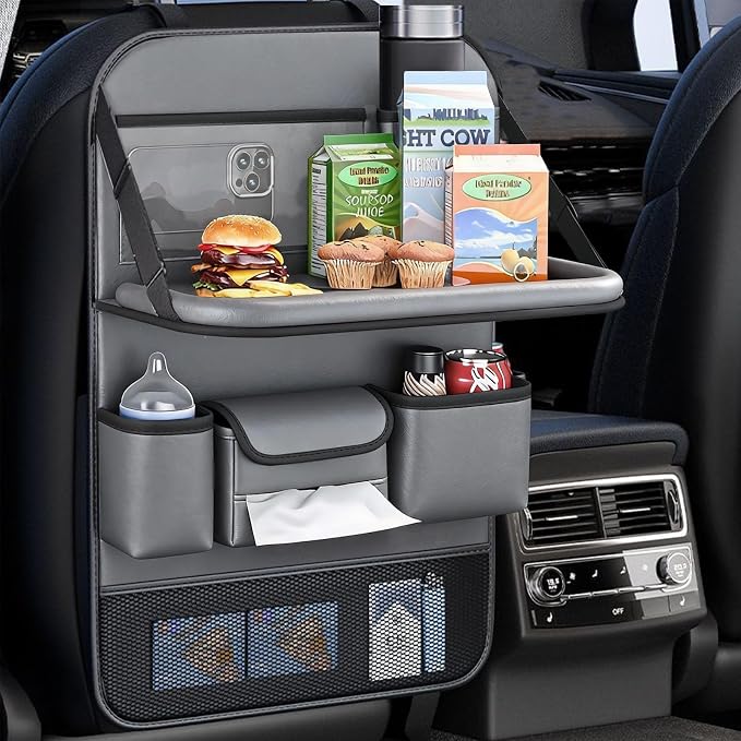 Leather Car Seat Back Organizer with Foldable Tray Table, Backseat Car Organizer with Tablet Pocket, Cup Holders, Tissue Pocket, Mesh Pockets, Kick Mat, Gray, 1 Pack