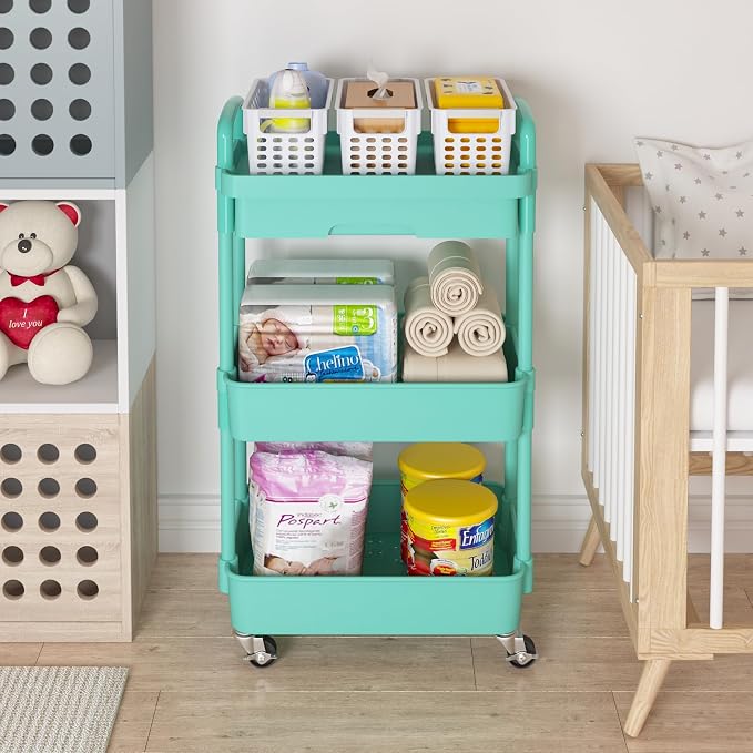 Calmootey 3-Tier Utility Cart with Drawer & Wheels, Storage for Home,Office | Space-Saving Organizer, Sturdy Plastic Shelves, Smooth-Rolling Metal Wheels, Built-in Drawer for Small Items, Green