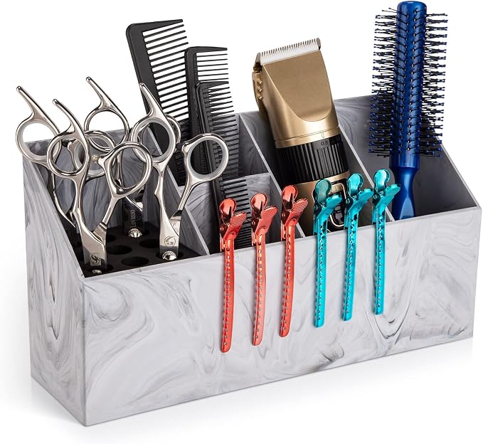Noverlife Salon Shear Holder, Hair Stylist Shears Rack Neat Desk Organizer | Large Marble Pattern Professional Barber Scissor Holder Pet Grooming Storage Box Container Case for Clippers Combs Clips