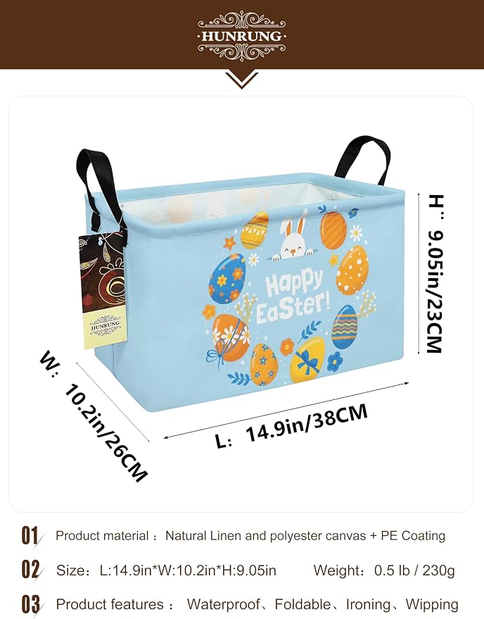 Rectangle Canvas Foldable Storage Basket for Nursery, Rabbit Easter Egg | Portable and collapsible cloth receptacle. Stores pet essentials, daily use items. Folds flat when not in use