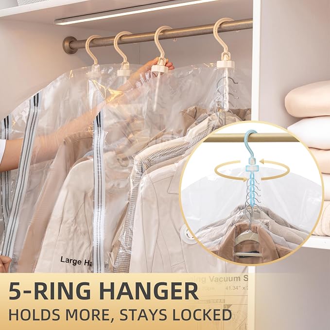 Hanging Vacuum Storage Bags, 6 Large Vacuum Pack Bags for Clothes Reusable Space Saver Bags Vacuum Compression Storage Bags for Winter Coats Wardrobe Coats, Suits & Dresses Garment 5-Ring Hangers | Vacuum Bag Clothing Vacuum Bag for Suits, Coats, Jacke...
