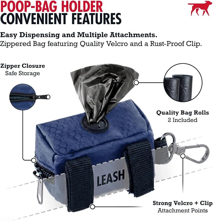 Tuff Pupper Dog Poop Bag Holder | Works with Any Dog Leash | Zippered Waste Bag Dispenser | Waterproof with Rust-Proof Clip | Convenient Lightweight Design | Includes 2 Rolls of Leak-Proof Bags