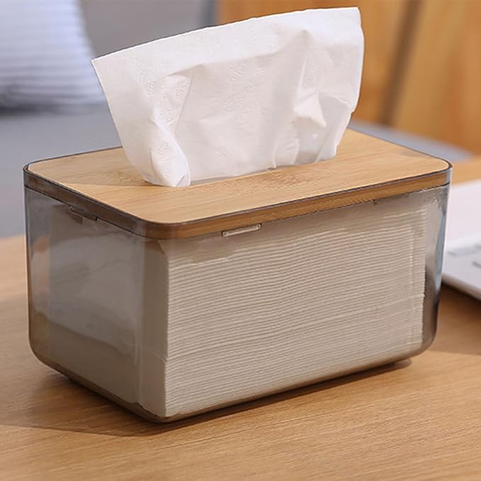 Multi Functional Acrylic Tissue Box, Clear PET and Wood Napkin Organizer Cube Holder, Easy Slide Out Cover, Square Tabletop Dispenser for Bathroom Laundry Room Office Desk