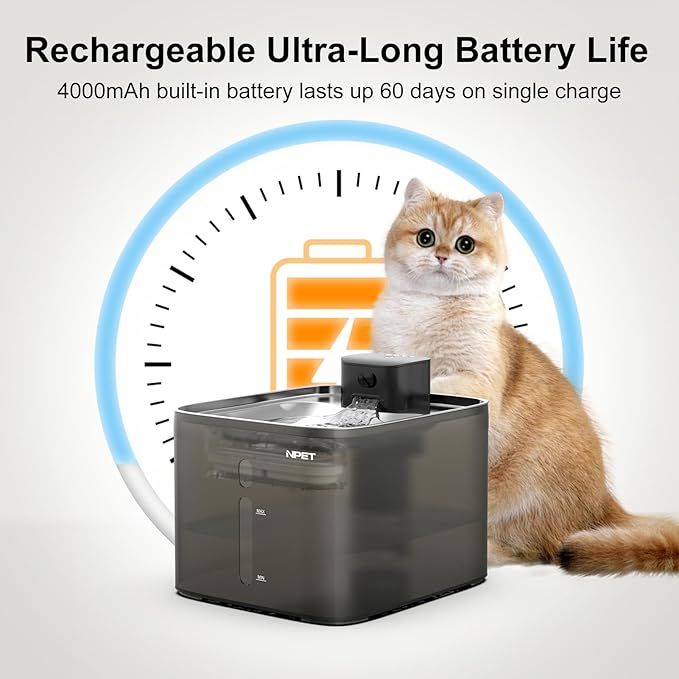 NPET Wireless Cat Water Fountain, 1 Gallon/135oz Pet Fountain with Motion Sensor, 4000mAh Rechargeable Battery Operated＆Stainless Steel Tray, Auto Cordless Water Dispenser with Multi-Filtration Filter