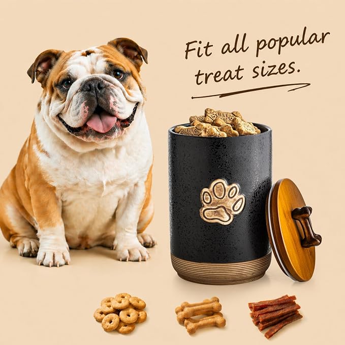 Miamolo Dog Treat Storage Container for Kitchen Counter, Lock in Freshness | Ceramic Jar with Airtight Seal Lid, Puppy Treats Food Canister | Farmhouse Decor, Doggie Cookie Jar Gift, Paw Glinting Black