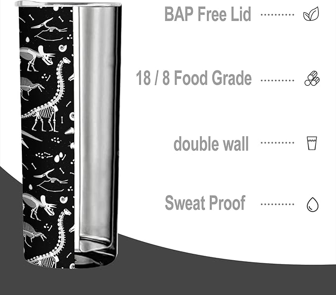 20 oz Insulated Stainless Steel Tumbler Mug, Black and White Dinosaur Skeleton Cup with Lid, Hot and Cold Insulation Presents for Men Women Teens