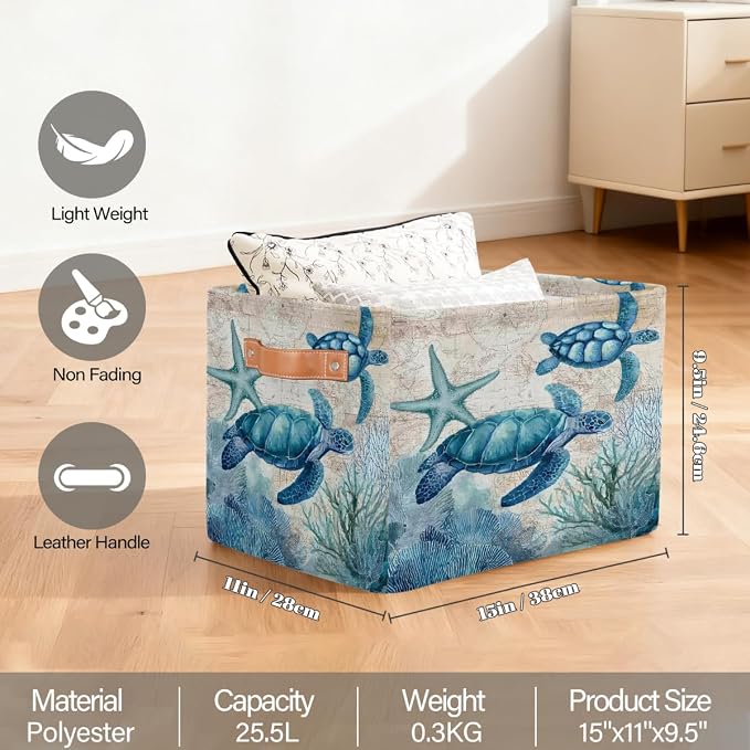 Pardick Storage Baskets Bin, Vintage Turtle Ocean Collapsible Canvas Fabric Storage Bin Decorative Baskets Toy Organizer Rectangle Storage Boxes with handles for Home Shelves Nursery,Q-6