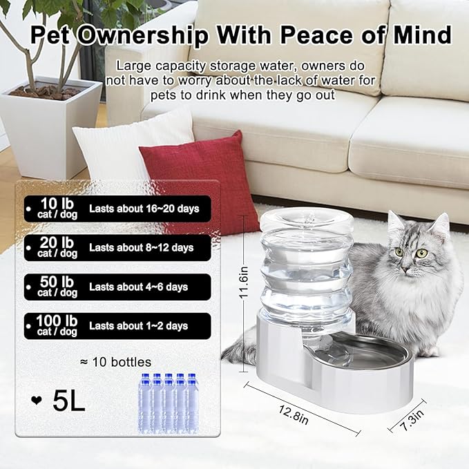 RIZZARI Dog Water Bowl Dispenser: 5L Large Stainless Steel Gravity Feeder - Helps Prevent Urinary Stones -Leak-Proof -Spill-Free Use-Small Dogs & Cats -Perfect for Kitchen & Daily Hydration