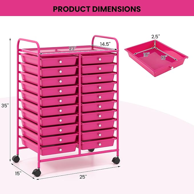20 Drawer Rolling Storage Cart, Art Cart Organizer with Wheels for Makeup, Tool, Paper, Multipurpose Craft Storage Cart with Drawers for Office, Home, Classroom, School (Hot Pink)